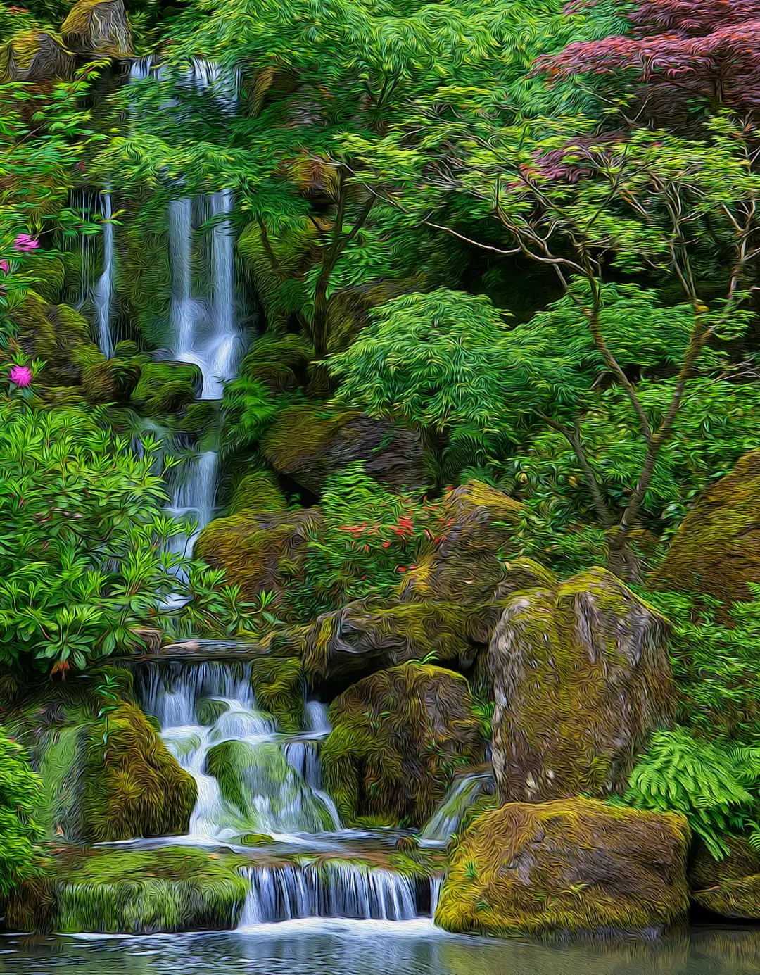 A spring-fed cascade running through deep green moss and maple